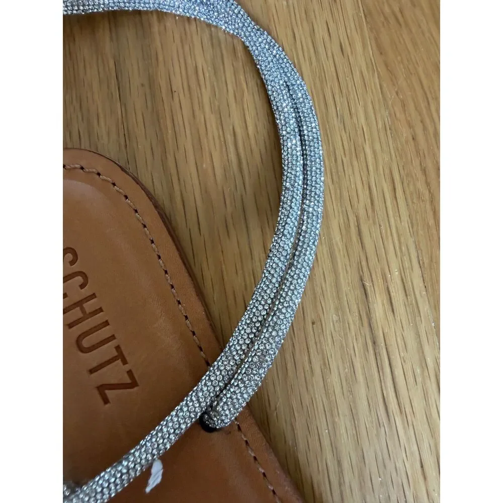 SCHUTZ Glam Kittie Crystal Caramel Ankle‑Wrap Sandals Size 5.5 NWOB